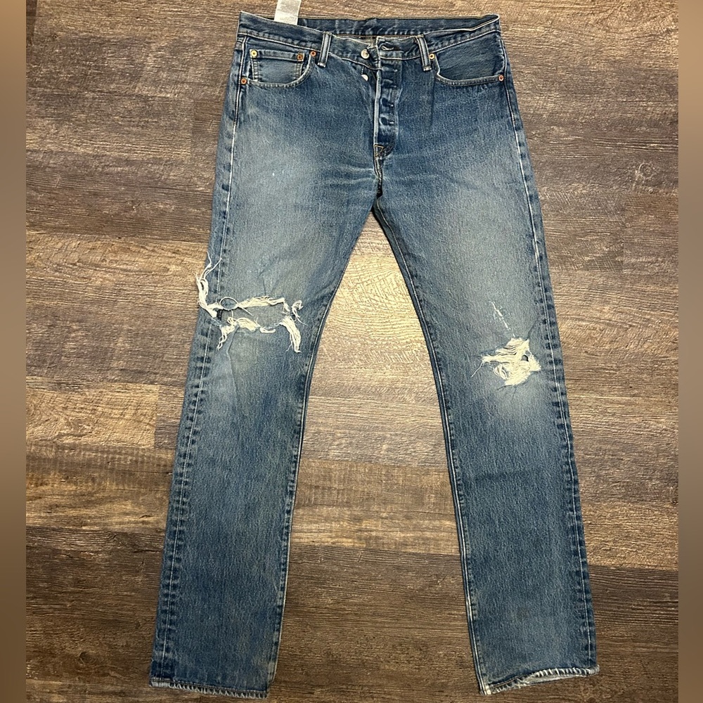 Levi's Men's Straight Jeans in Distressed Blue Denim
